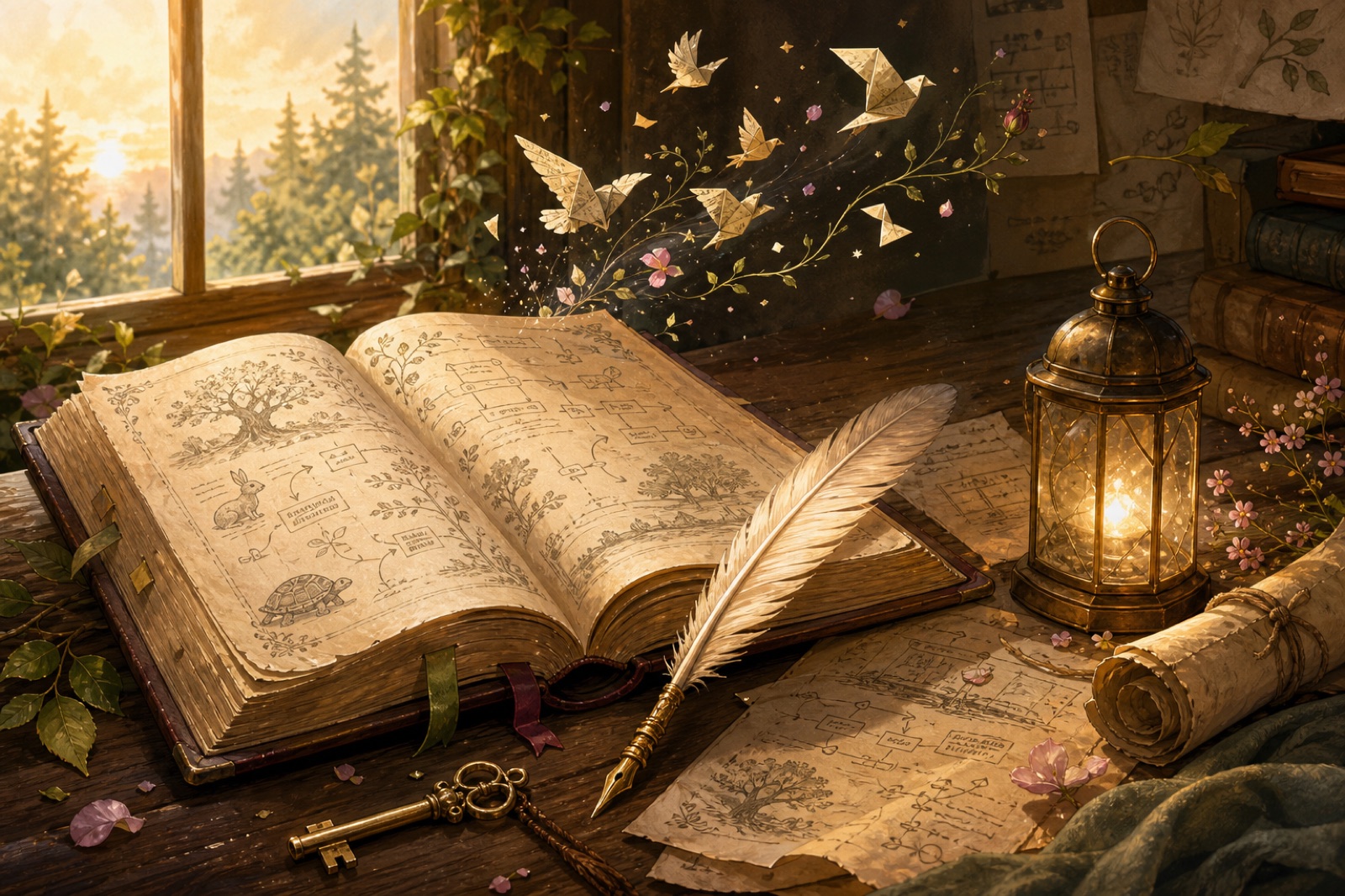An open fable book with a feather pen, key, lantern, and paper birds rising from the page